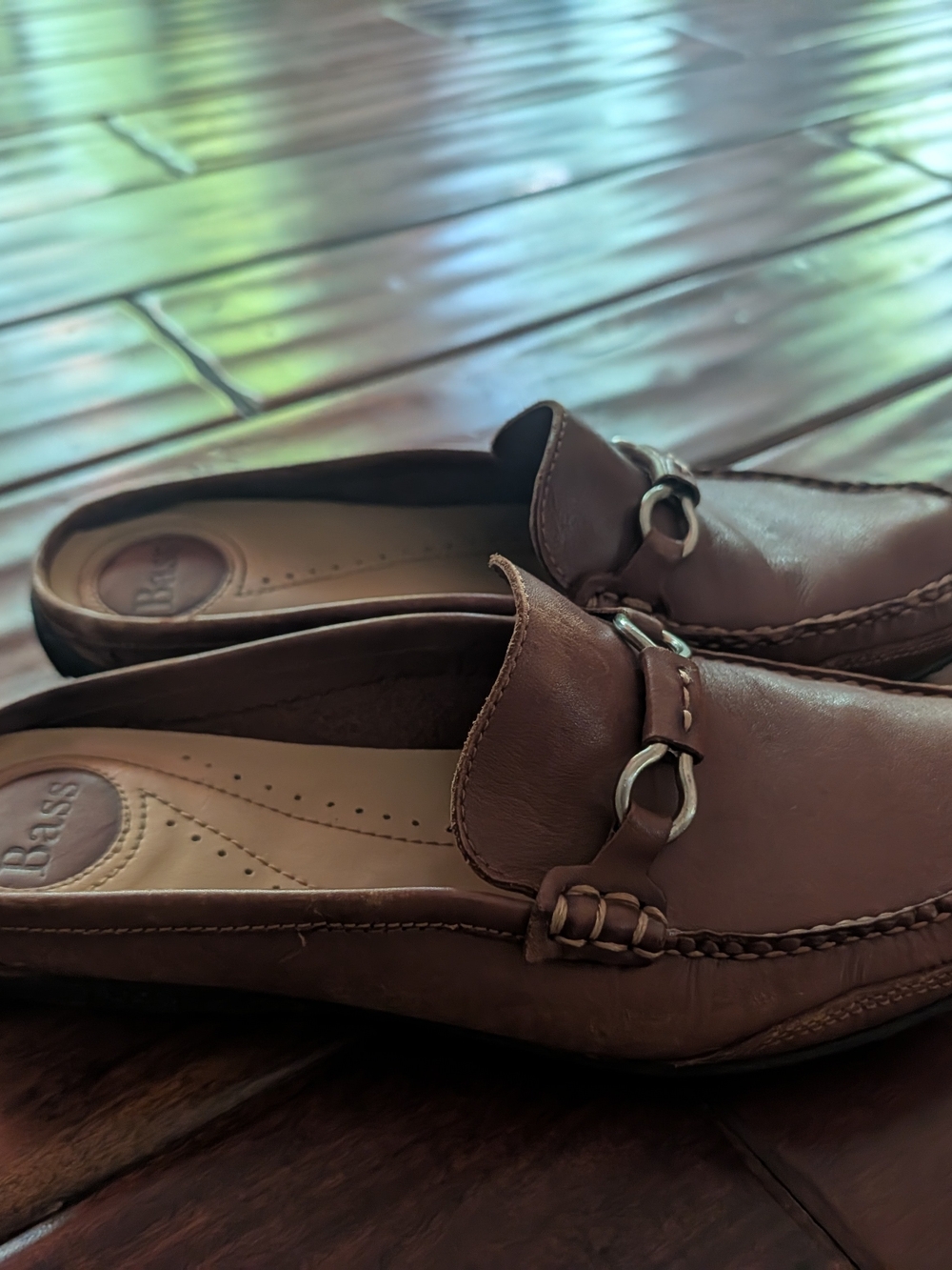 Bass Brown Leather Mule Loafers with Silver Horsebit